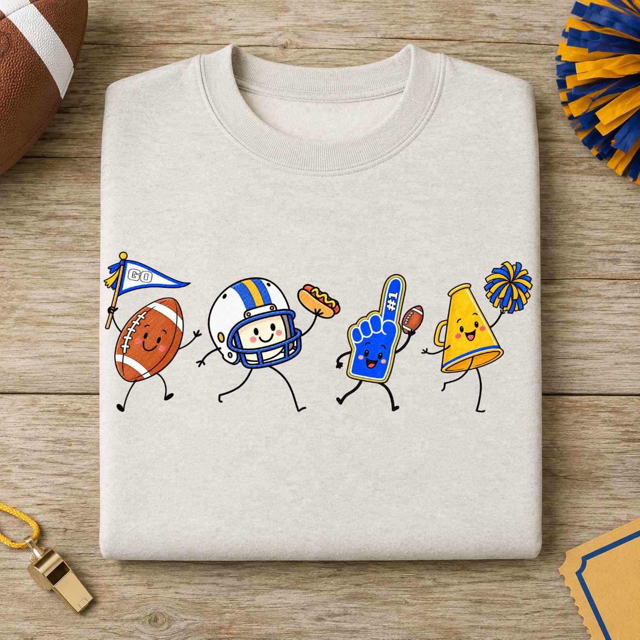 Royal Blue Gold White Football Doodle PNG Sublimation Design