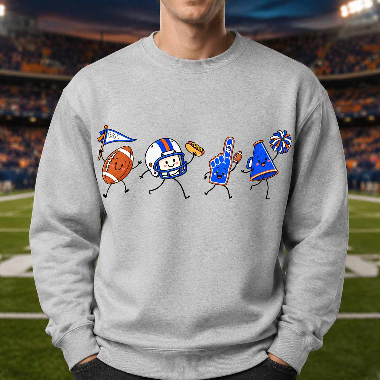 Royal blue orange white football doodle PNG sublimation design on sweatshirt – JenCraft Designs digital download