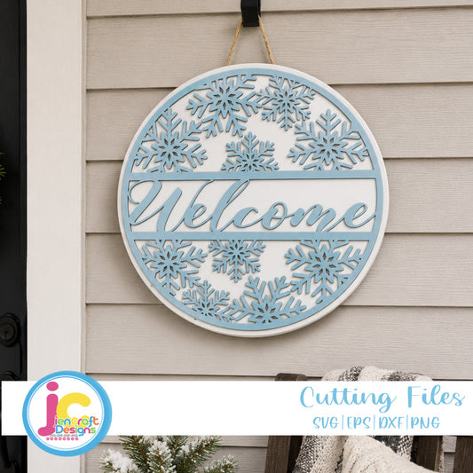 Winter Welcome Porch Sign SVG EPS DXF PNG | Snowflake Round Wood Sign - JenCraft Designs