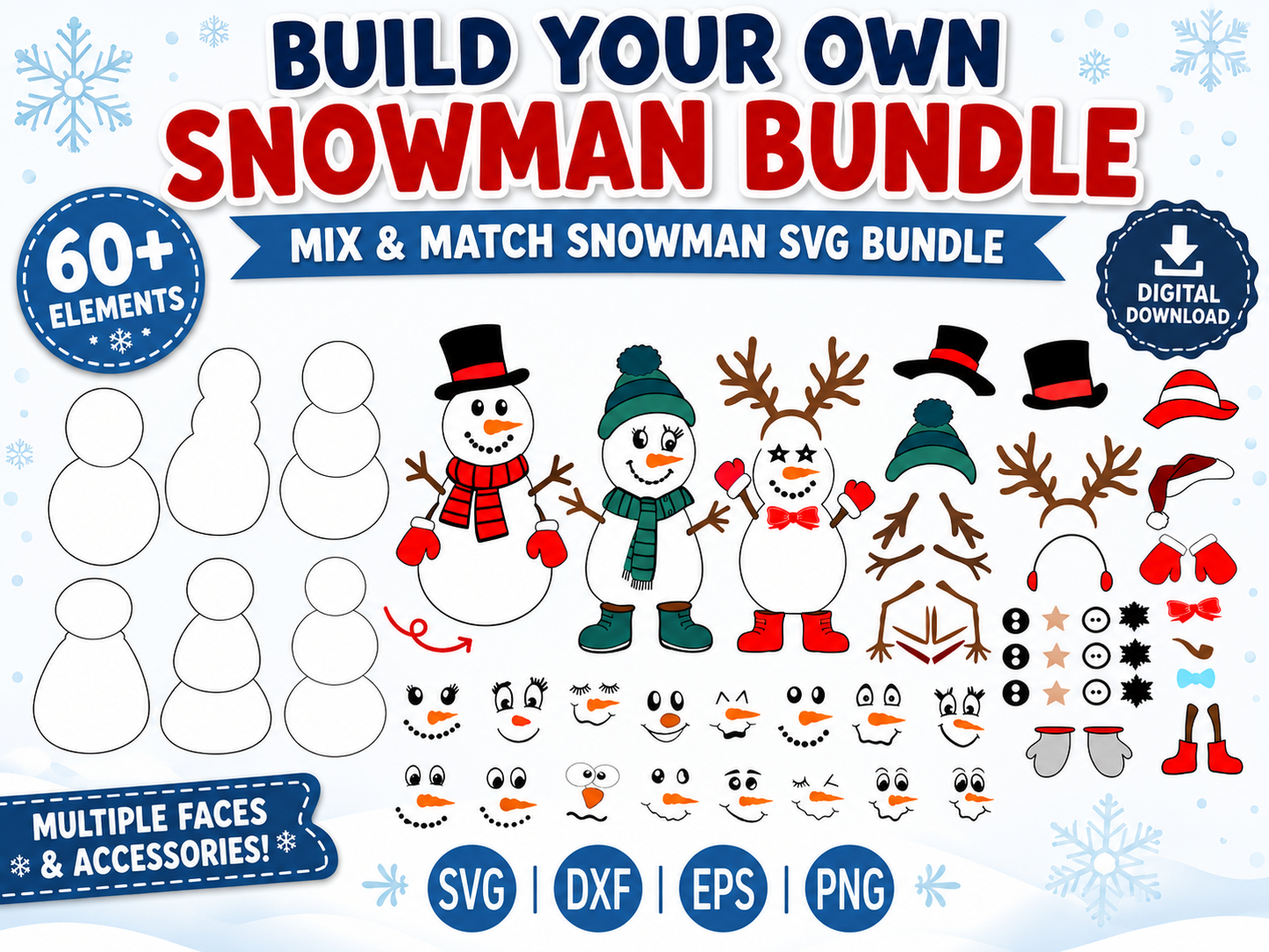 Cute Build a Snowman SVG | Snowman Kit Cut File Bundle SVG DXF PNG EPS