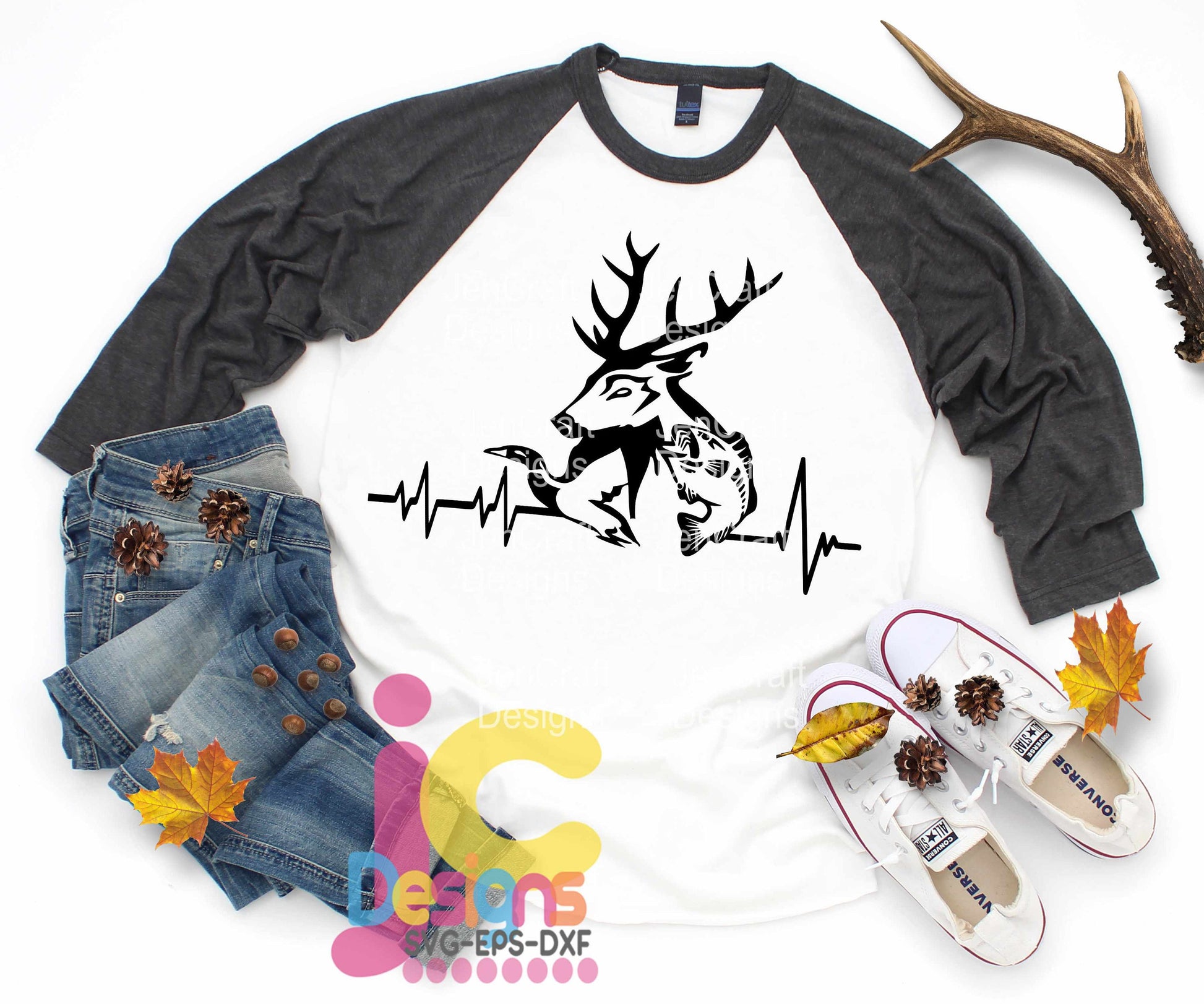 Heartbeat Duck Deer Fish, Hunting SVG DXF PNG EPS