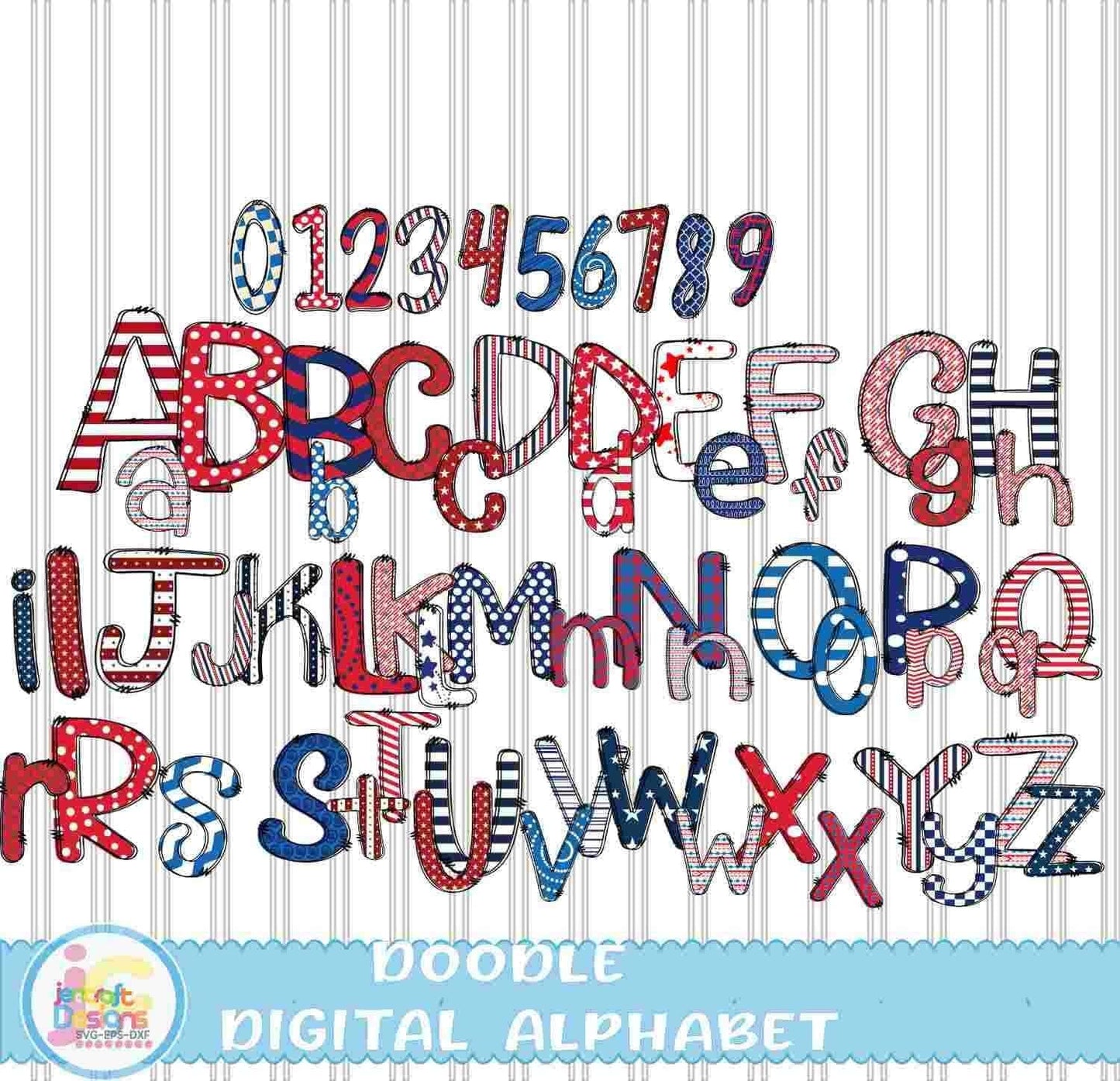 Patriotic Doodle Letters Alphabet Png Print File for Sublimation or Printing - JenCraft Designs