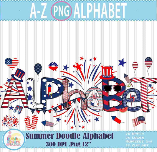 4th of July Alphabet Png, Patriotic Doodle Letters Png - JenCraft Designs