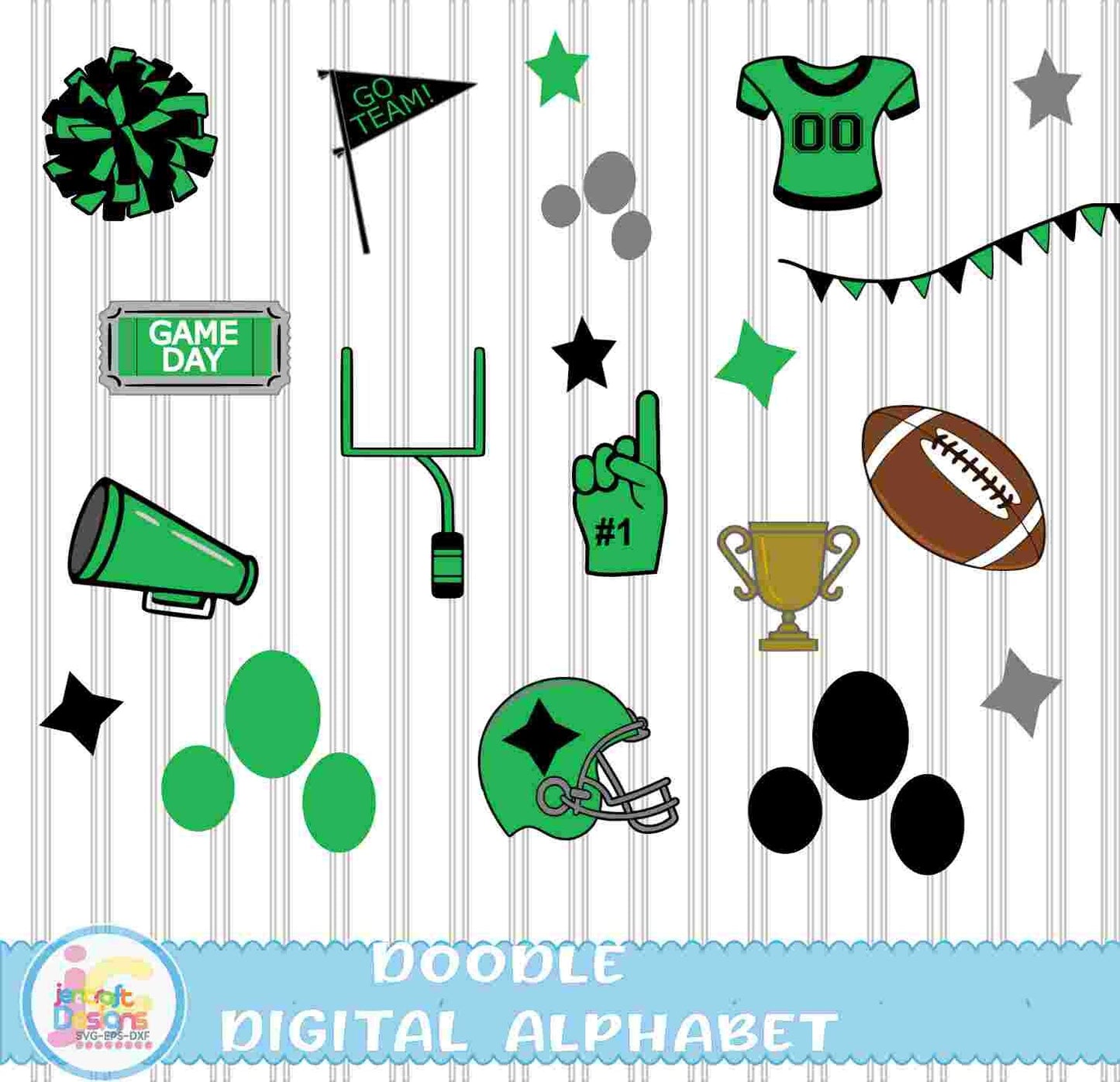 Black and Green Football Doodle Letters Alphabet Png Print File for Sublimation or Printing - JenCraft Designs