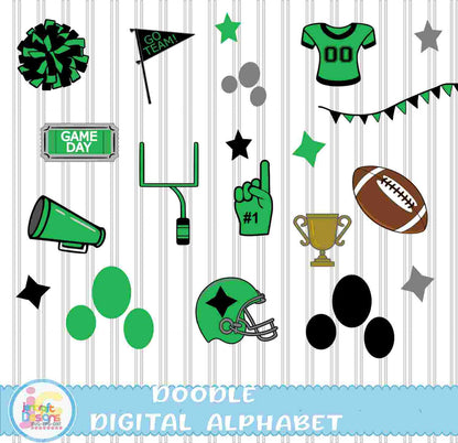 Black and Green Football Doodle Letters Alphabet Png Print File for Sublimation or Printing - JenCraft Designs