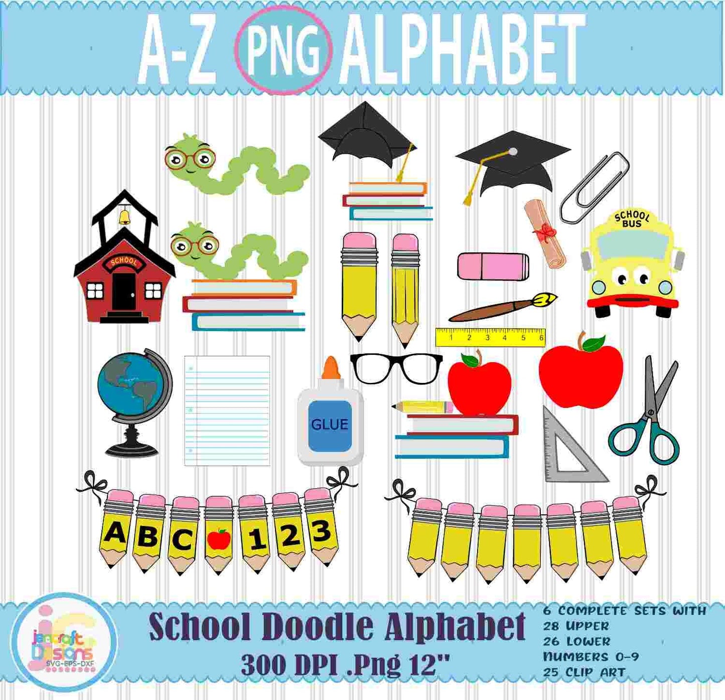 School Doodle Letters Alphabet Png Print File for Sublimation or Printing - JenCraft Designs