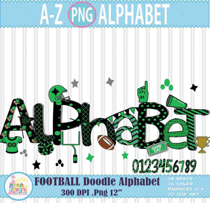 Black and Green Doodle Letters png, Football Black Green Alphabet Png - JenCraft Designs