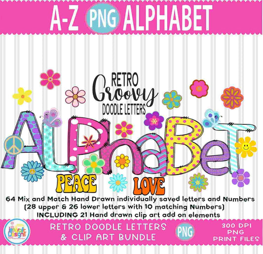 Retro Groovy Doodle Letters, Alphabet Png - JenCraft Designs