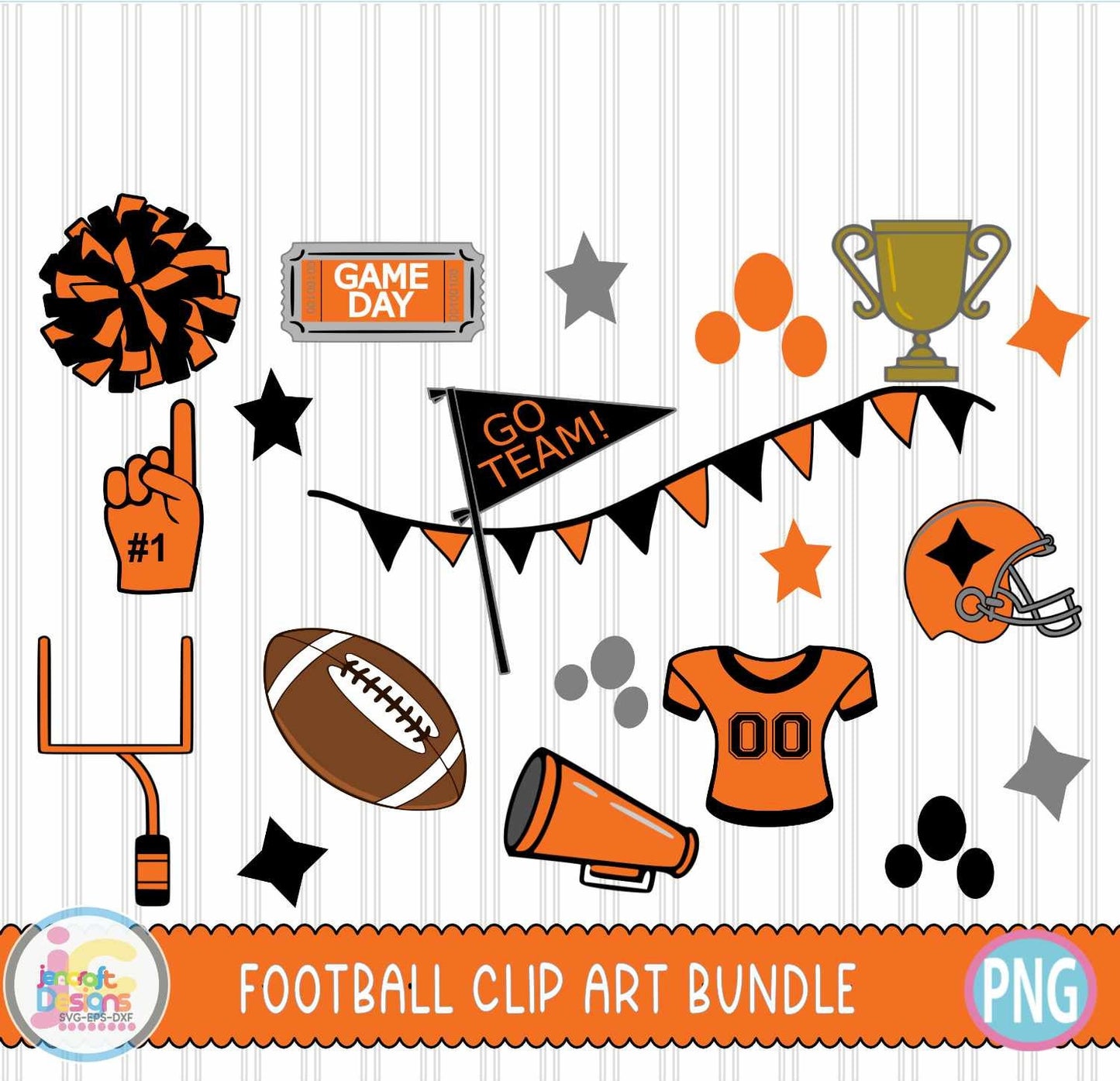 Black and Orange Football Doodle Letters Alphabet Png Print File for Sublimation or Printing - JenCraft Designs