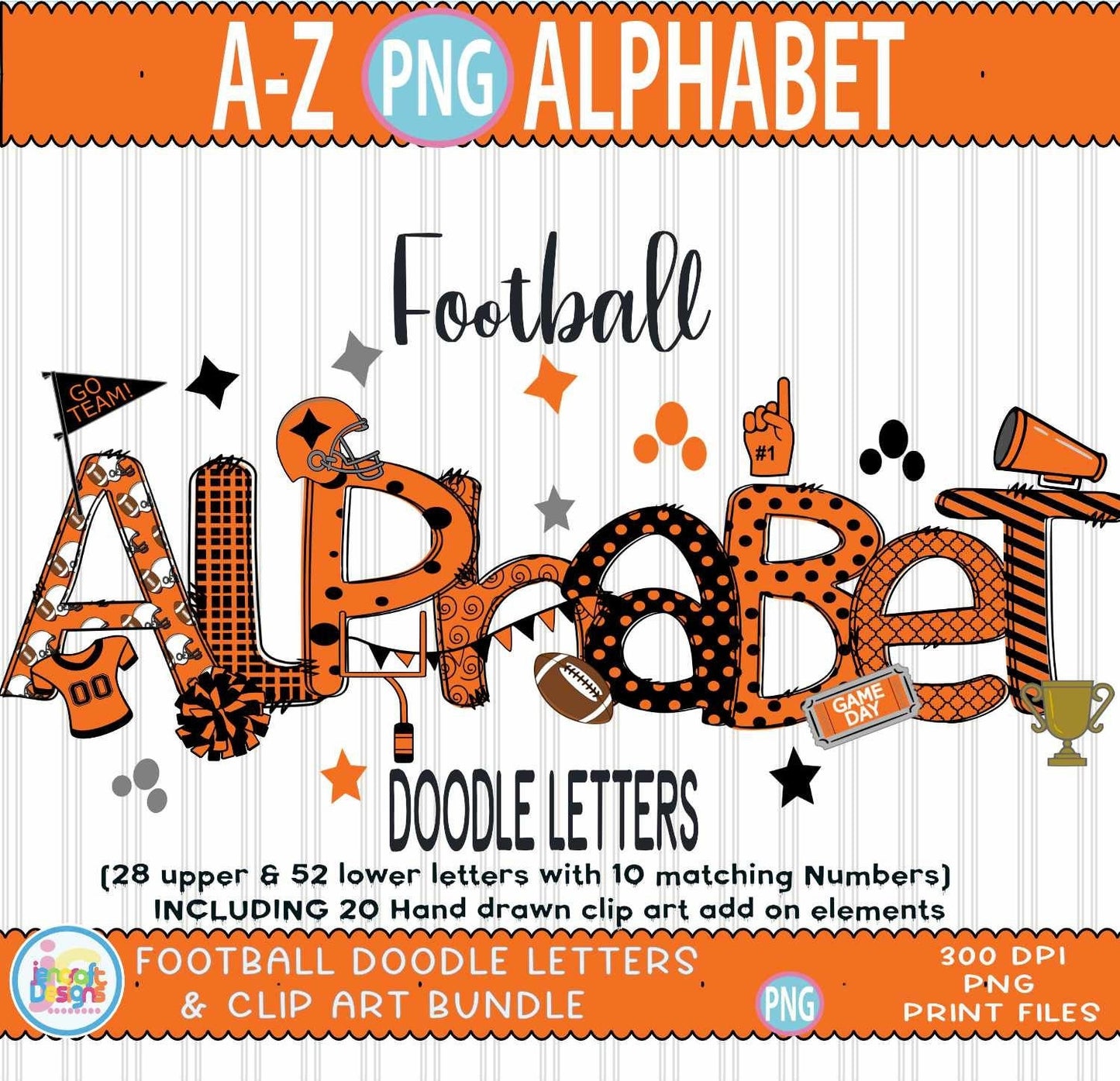 Black and Orange Doodle Letters png, Football Black Orange Alphabet Png - JenCraft Designs