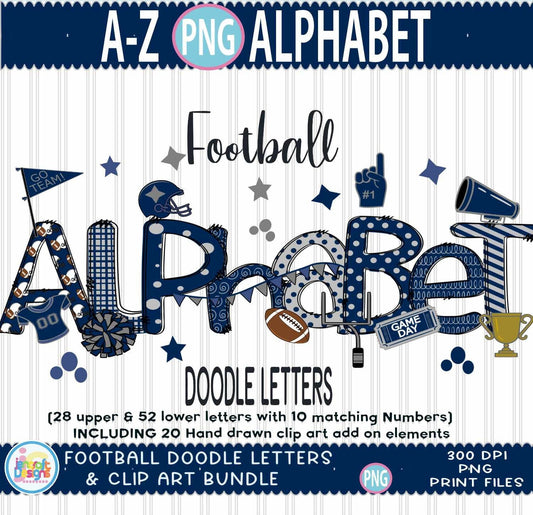Blue and Grey Doodle Letters png, Football Blue Grey Alphabet Png - JenCraft Designs