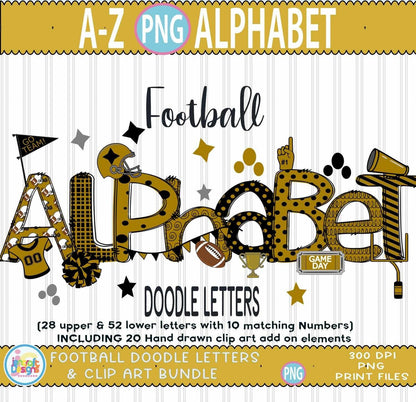 Black and Gold Doodle Letters png, Football Black Gold Alphabet Png - JenCraft Designs