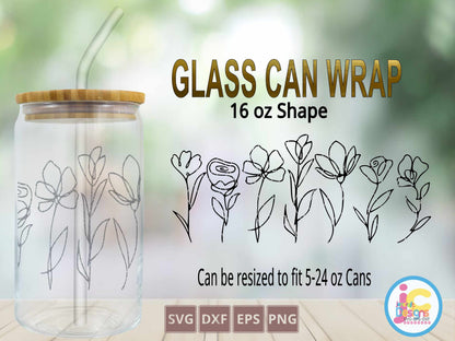 Wildflower Glass Can Wrap svg, Floral tumbler SVG DXF PNG EPS
