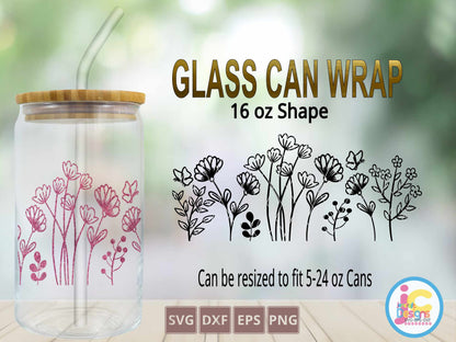 Flower glass can svg, Floral Tumbler Wrap SVG DXF PNG EPS